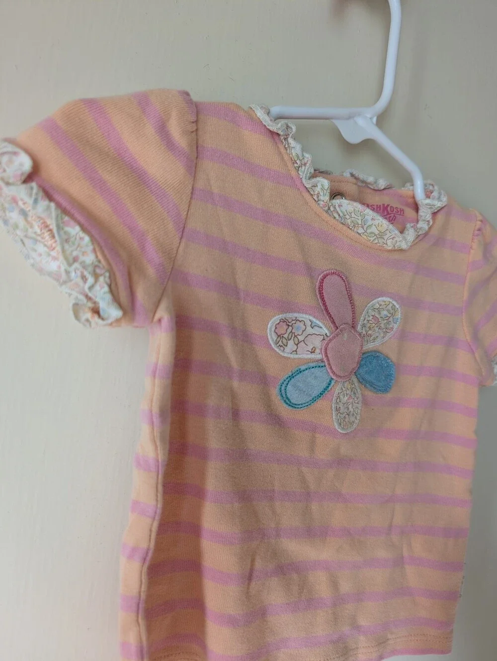 Girls' Pink & Peach Stripe Vintage Style- Flower Tee 3-6months with Patchwork
